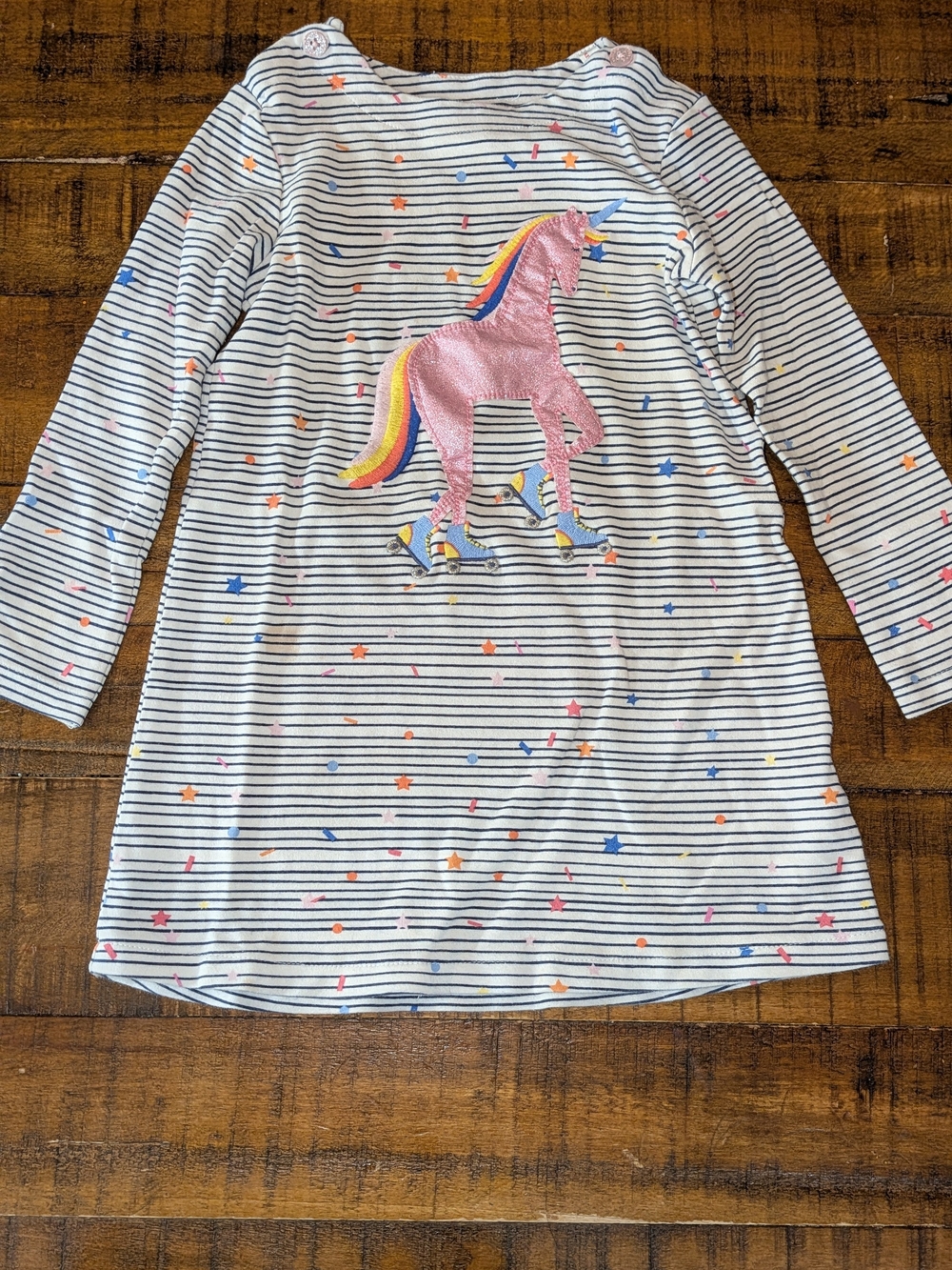 Joules White Navy Striped Dress Pink Glitter Roller SkatingUnicorn Applique 3T